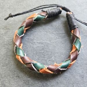 NWT Handmade Reclaimed Leather Braided Bracelet, Green, Brown, & Tan